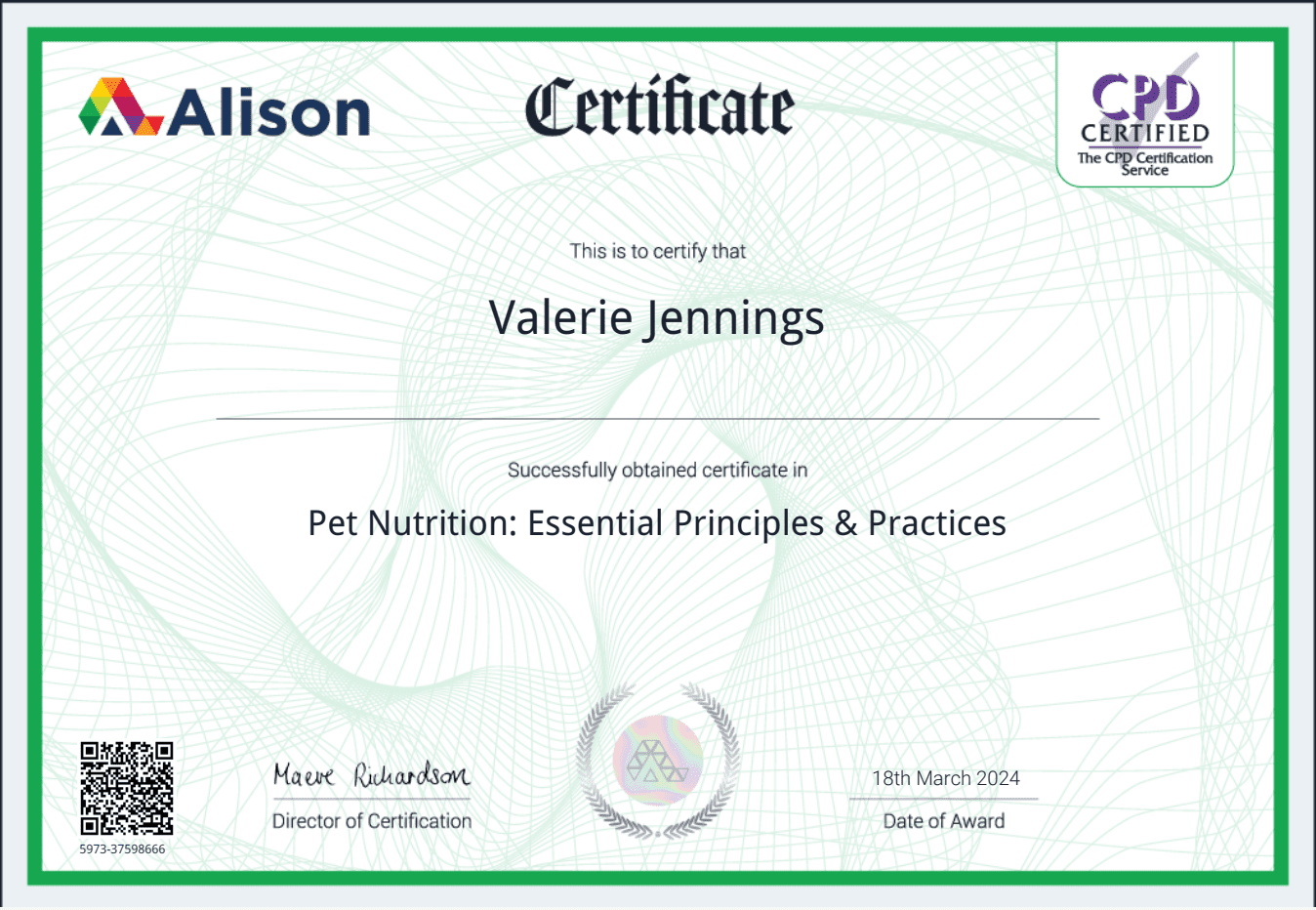alison Pet Nutrition Cert