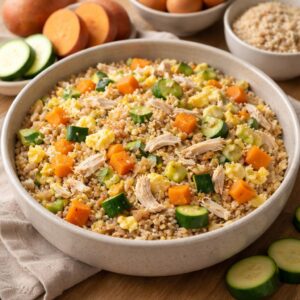 Chicken, Egg & Zucchini with Sweet Potato & Whole Wheat Rice